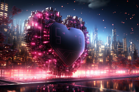Futuristic concept of love and technology with glowing neon hearts on a circuit boardの素材