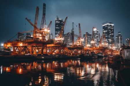 the atmospheric essence of an offshore oil rig platform at dusk, highlighting the juxtaposition of industrial infrastructure against the expansive ocean backdropの素材