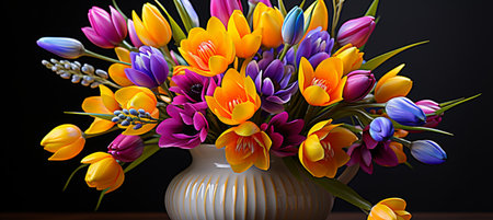 a high resolution digital art piece featuring a diverse array of vivid flowers, particularly showing bright tulips against a dramatic black backdropの素材