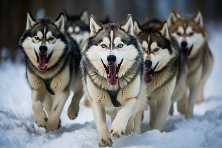 Sled dog Siberian husky is driving a sled through a winter snow-covered forestの素材
