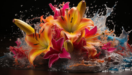 abstract background featuring vibrant, colorful flowers splattered with paintの素材