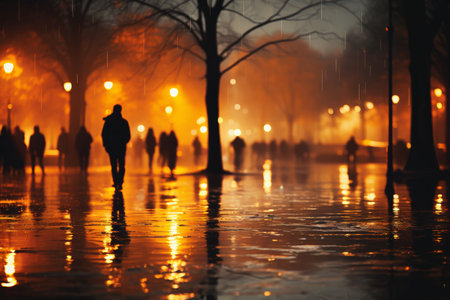 obscured identities in an urban rain capture the reflections of people walking in a rainy city, their faces hidden by raindrops on glass surfaces, expressing the anonymity of city life in the rain.の素材