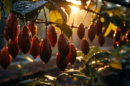 a lush cacao plantation with vibrant pods hanging from the treesCapture the natural beauty and abundance of cacao group pods on the plant trees.の素材