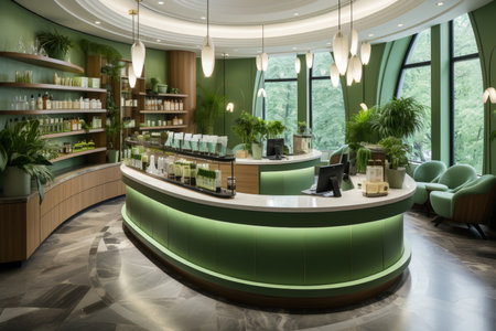 drugstore with a wide range of dynamic pharmaceutical items showcased in a sleek and organized settingの素材