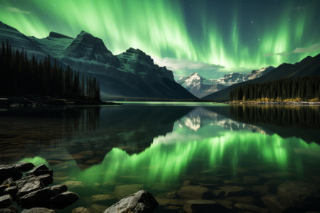 the stunning natural light show of the aurora borealis against a serene winter landscape, conveying a sense of wonder and tranquility.の素材