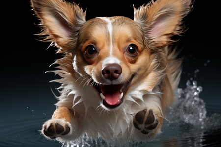 the lively dog leaping through the vibrant blue paper, exuding joy and charisma.の素材