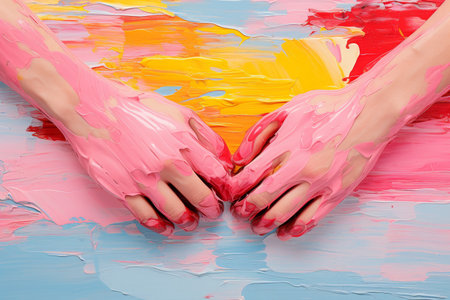 two children's hands are immersed in pink and yellow paint, evoking a sense of joy and creativityの素材
