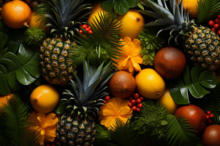 Design a colorful fruit themed backdrop showcasing a variety of fresh produce such as strawberries, pineapples, grapes, kiwis, mangoes, peaches, and pears.の素材