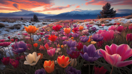 a truck decorated with colorful tulip flowers, driving through a snowy countryside as the sun sets, marking the transition from winter to springの素材