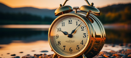 vintage alarm clock placed on a wooden table, with golden sunlight casting long shadows and the calm ocean stretching to the horizonの素材