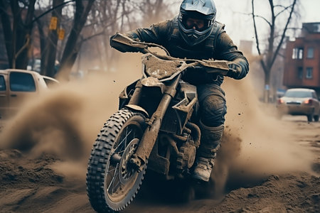 cyclist in a helmet on a downhill bike ride jumps into the air in winterの素材