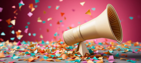Close up of woman hand holding megaphone with confetti flying outの素材