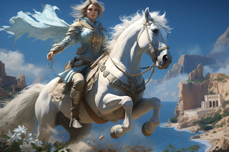 a vivid scene of a horseback rider in azure attire elegantly guiding a horse over a sun drenched oxer jump, embodying grace and athleticismの素材