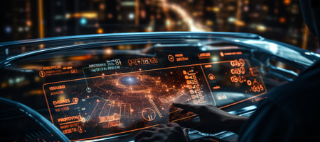 A detailed visual representation of the advanced smart car technology with an advanced heads up display and autonomous driving capabilities.A car navigating urban roads is equipped with graphical radar signals and an intelligent automotive systemの素材
