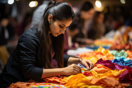 a young Indian girl showcasing her skills on a sewing machine in a bustling textile workshop, surrounded by vibrant fabrics and colorful threadsの素材