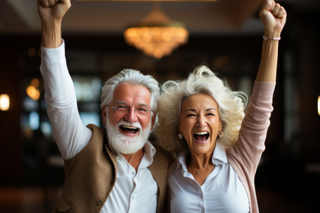 an elderly woman and a younger man confidently flexing their muscles in a gym, showing a powerful and respectful dynamic between two individuals of different generationsの素材