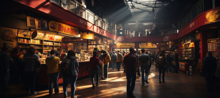 visual for a bustling trade fair expo, featuring a dynamic showcase of products and services against a backdrop of vibrant banners, with a diverse crowd in attendanceの素材