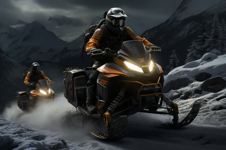 a vivid depiction of a couple enjoying an adventurous ride on a snowmobile against a stunning snowy backdropの素材
