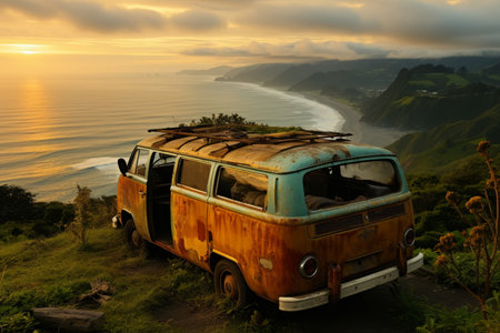 A van traveling at sunset in nature on a canyon path for a road trip to adventure and freedomの素材