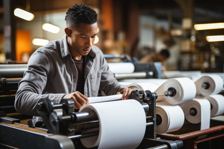 An african male operating a plastic bag manufacturing machine on a busy production line.の素材