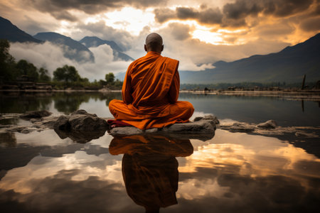 a serene individual meditating while gazing at a breathtaking cosmic landscape.の素材