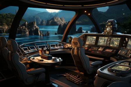 Design a futuristic space station with advanced technology, featuring a breathtaking panoramic view of planet earth from its window.の素材