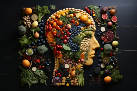 Close-up of a human brain made of fruits and vegetables on a wooden board and a black tableの素材