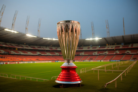 the essence of triumph and competition in a stadium with a glaming grand trophy as the focal pointの素材