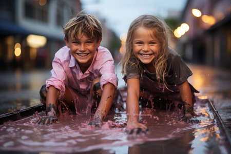 two children's hands are immersed in pink and yellow paint, evoking a sense of joy and creativityの素材