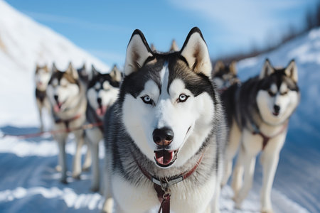 Sled dog Siberian husky is driving a sled through a winter snow-covered forestの素材