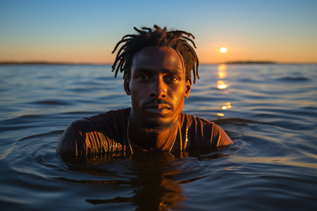 a powerful scene of a black individual with braided hair swimming gracefully through the ocean, capturing the resilience and emotion of migrationの素材
