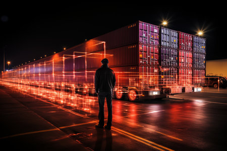 a futuristic scene featuring a person utilizing augmented reality to interact with a complex interface, set against the backdrop of a bustling shipping portの素材