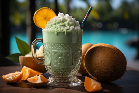 a vibrant tropical fruit cocktail set against the backdrop of a serene beach by the seaの素材