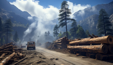 a dynamic scene of a logging truck barreling down a winding mountain road with towering trees and forest closing in on either sideの素材