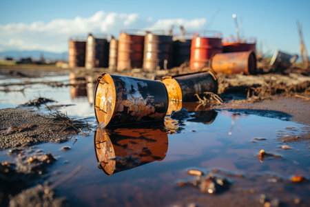 a warehouse scene with rows of industrial barrels storing petroleum productsThe prompt should capture the atmosphere, lighting, and details of the barrels to produce a high quality imageの素材