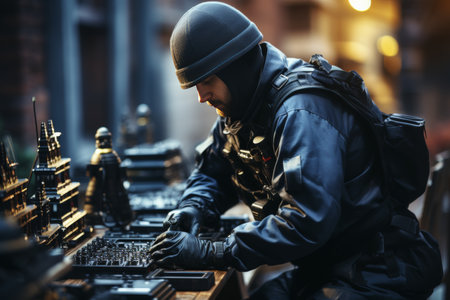 An engineer in safety gear working at the top of a signal antenna, performing tasks at a significant elevation.A high level of detail and realism to accurately portray the challenging and precarious nature of the engineer's workの素材