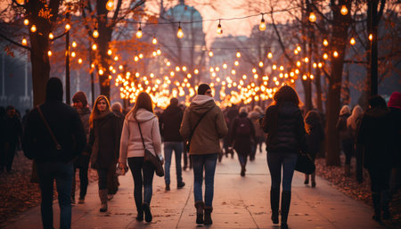 the vibrant atmosphere of a carnival at dusk, with the ferris wheel illuminated against the twilight sky, and families delighting in the rides and gamesの素材