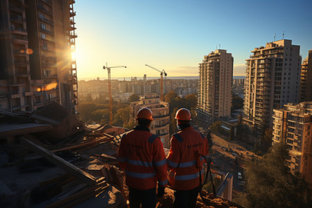 a group of workers on a construction site, with engineering infrastructure and business people silhouetted against industrial buildingsの素材