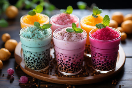 a vibrant display of freshly prepared bubble tea and smoothies, highlighting their refreshing appealの素材