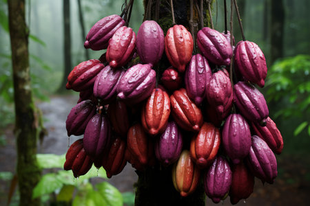 a lush cacao plantation with vibrant pods hanging from the treesCapture the natural beauty and abundance of cacao group pods on the plant trees.の素材