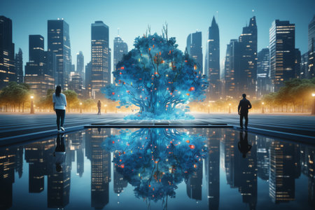 An abstract depiction of a professional with an urban landscape emerging from their mind, reflecting a dynamic realm of thoughts and concepts withinの素材