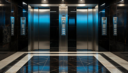 a modern, unoccupied elevator interior with symmetrical lines and polished metallic doorsの素材