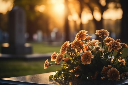 a poignant moment at a serene cemetery with the american flag on vibrant green grass by a tombstone, under a radiant sunset and surrounded by softly blurred treesの素材