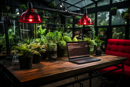 Design a captivating podcast studio scene with a dominant microphone on the desk, accompanied by modern gadgets and a warm, stylish ambiance.の素材