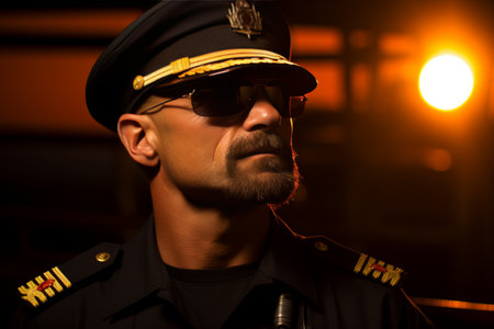 A ship captain standing on the bridge during the golden hour, gazing out over the horizon as the sun sets, casting a captivating silhouette against the sky.の素材