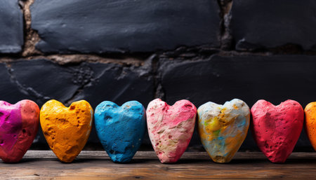 the colorful graffiti portraying heart designs on a concrete wall, setting a modern stage for valentines day festivitiesの素材