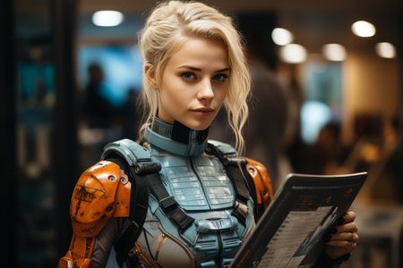 An urban environment featuring a woman with a holographic biometric scan displayed on her face, as she navigates through a futuristic cityscape.の素材