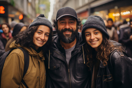a college graduation ceremony, as a graduate embraces their proud parents with tears of joy in their eyesの素材
