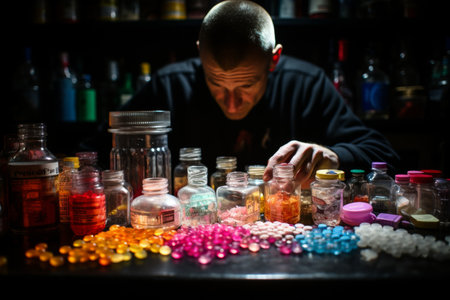 A man suffering from drug addiction sleeps at a table surrounded by various drugs, a scene that conveys the struggle and consequences of addictionの素材