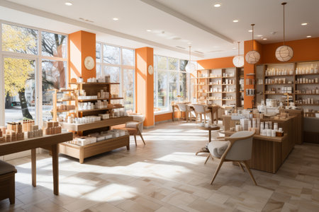 drugstore with a wide range of dynamic pharmaceutical items showcased in a sleek and organized settingの素材